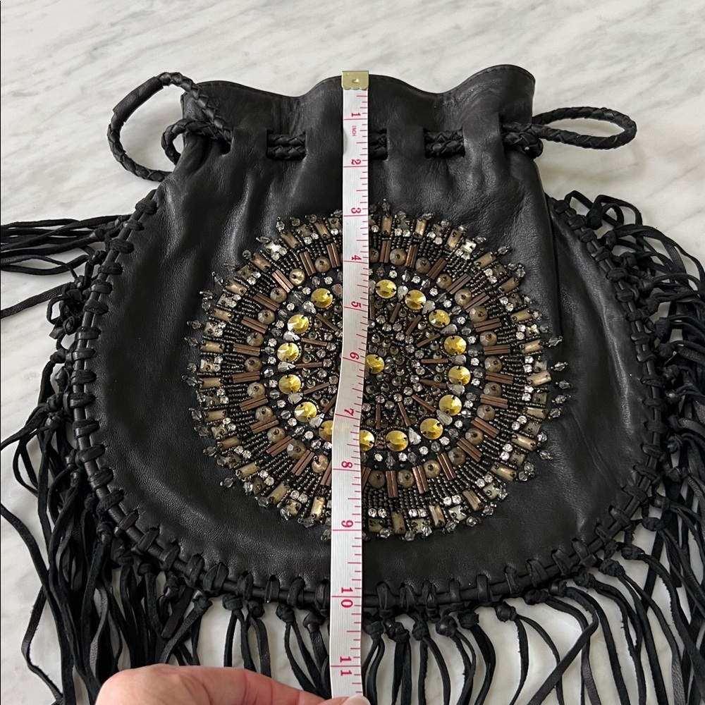 Vintage Cleobella Black and Gold Beaded Fringe Drawstring Leather Wristlet - Picture 9 of 11